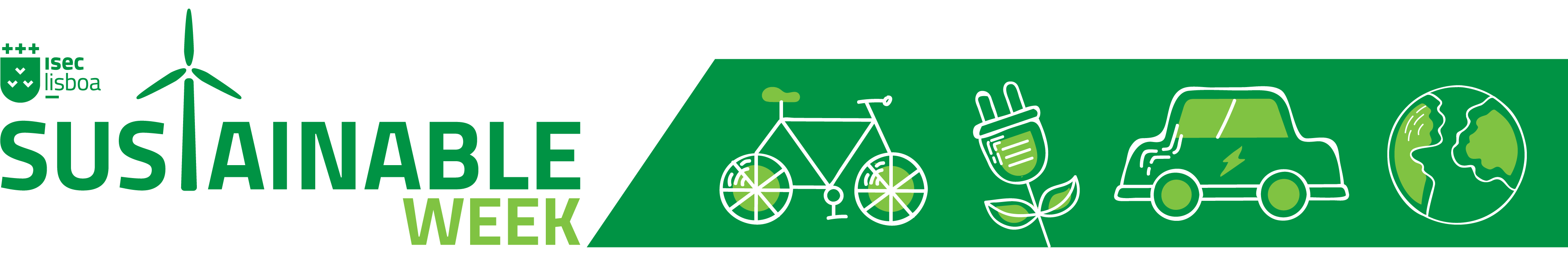 Logotipo do evento Sustainable Week e icones de uma bicicleta, ficha elétrica, carro elétrico e planeta Terra